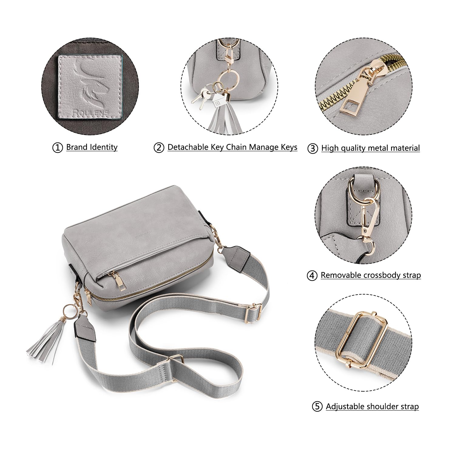 Roulens Triple Zip Small Crossbody Bag for women,Wide Strap Cell Phone Purse Shoulder Handbag Wallet with Credit Card Slots