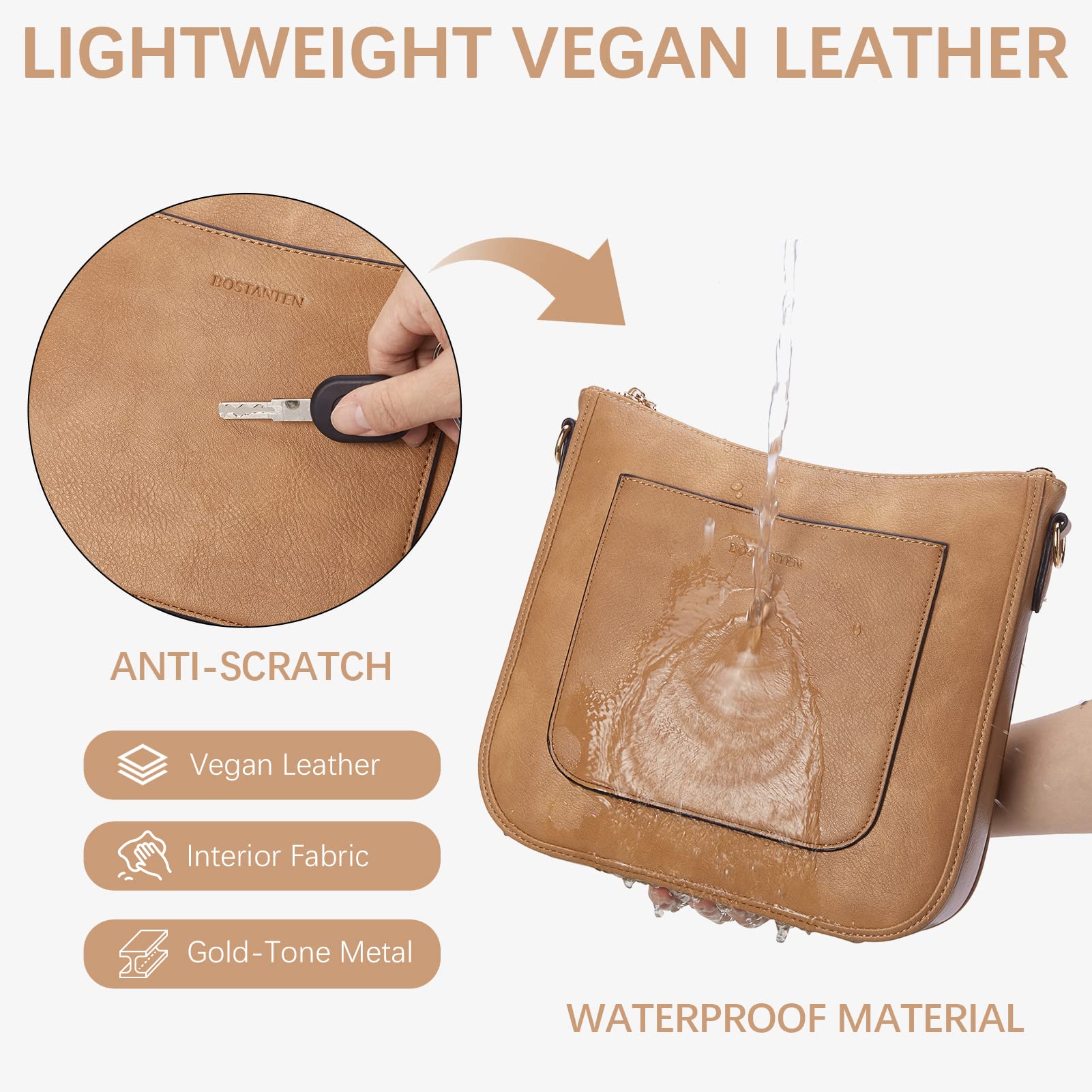 BOSTANTEN Crossbody Bags for Women Trendy Vegan Leather Hobo Handbags Fashion Shoulder Bags Purse with Adjustable Guitar Strap Tan