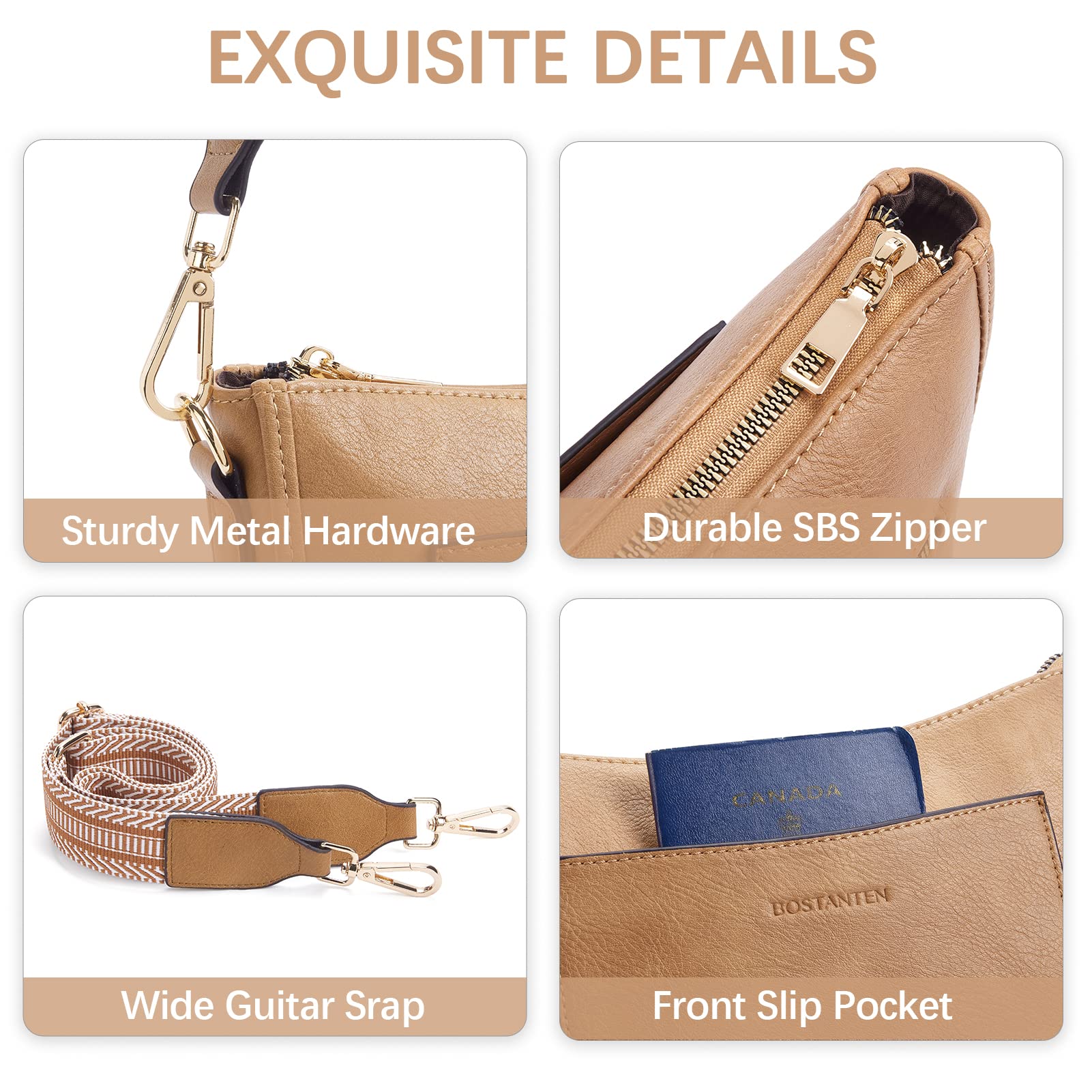 BOSTANTEN Crossbody Bags for Women Trendy Vegan Leather Hobo Handbags Fashion Shoulder Bags Purse with Adjustable Guitar Strap Tan