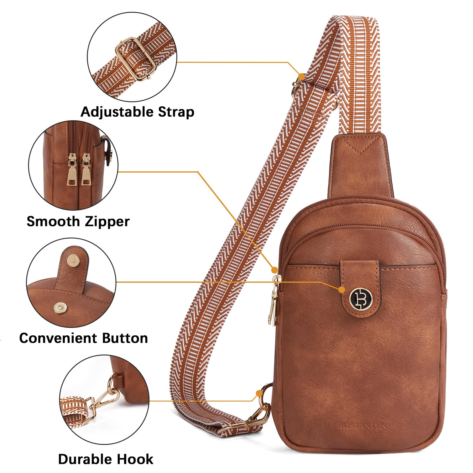 BOSTANTEN Small Sling Bag Crossbody Bags for Women Crossbody Trendy Purse Leather Chest Bag, Brown