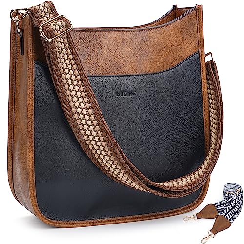 HKCLUF Crossbody Bag for Women Trendy,Vegan Leather Hobo Handbags Women Fashion Shoulder Cross-body Bags with 2PCS Adjustable Strap(Black Brown)