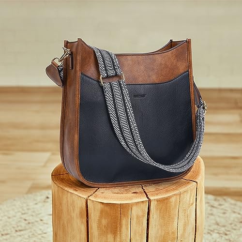 HKCLUF Crossbody Bag for Women Trendy,Vegan Leather Hobo Handbags Women Fashion Shoulder Cross-body Bags with 2PCS Adjustable Strap(Black Brown)