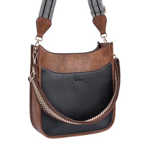 HKCLUF Crossbody Bag for Women Trendy,Vegan Leather Hobo Handbags Women Fashion Shoulder Cross-body Bags with 2PCS Adjustable Strap(Black Brown)