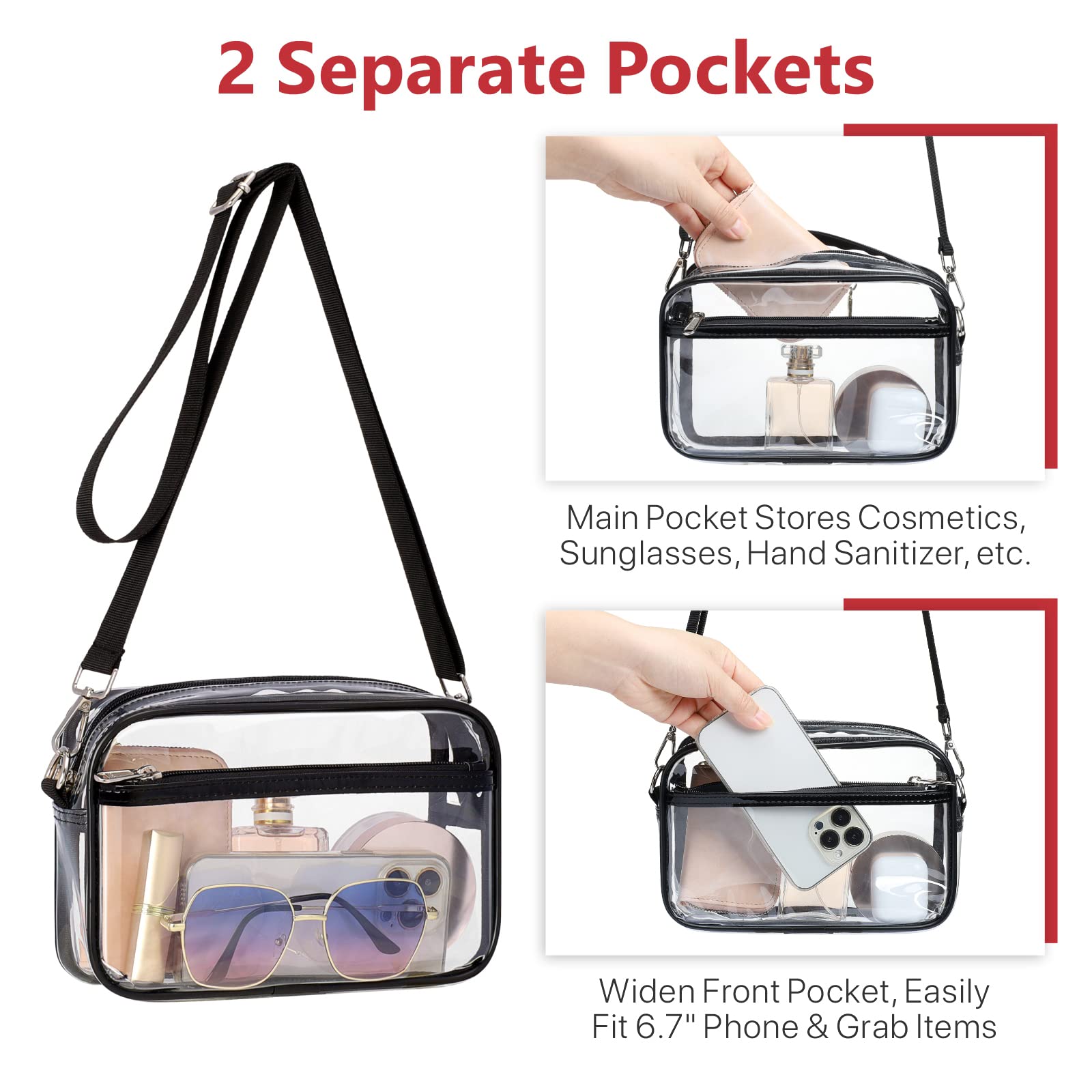 PACKISM Clear Purses for Women Stadium Clear Bag Stadium Approved with Adjustable Strap Transparent Crossbody Bag for Concerts Sporting Events, 2 Pack Black