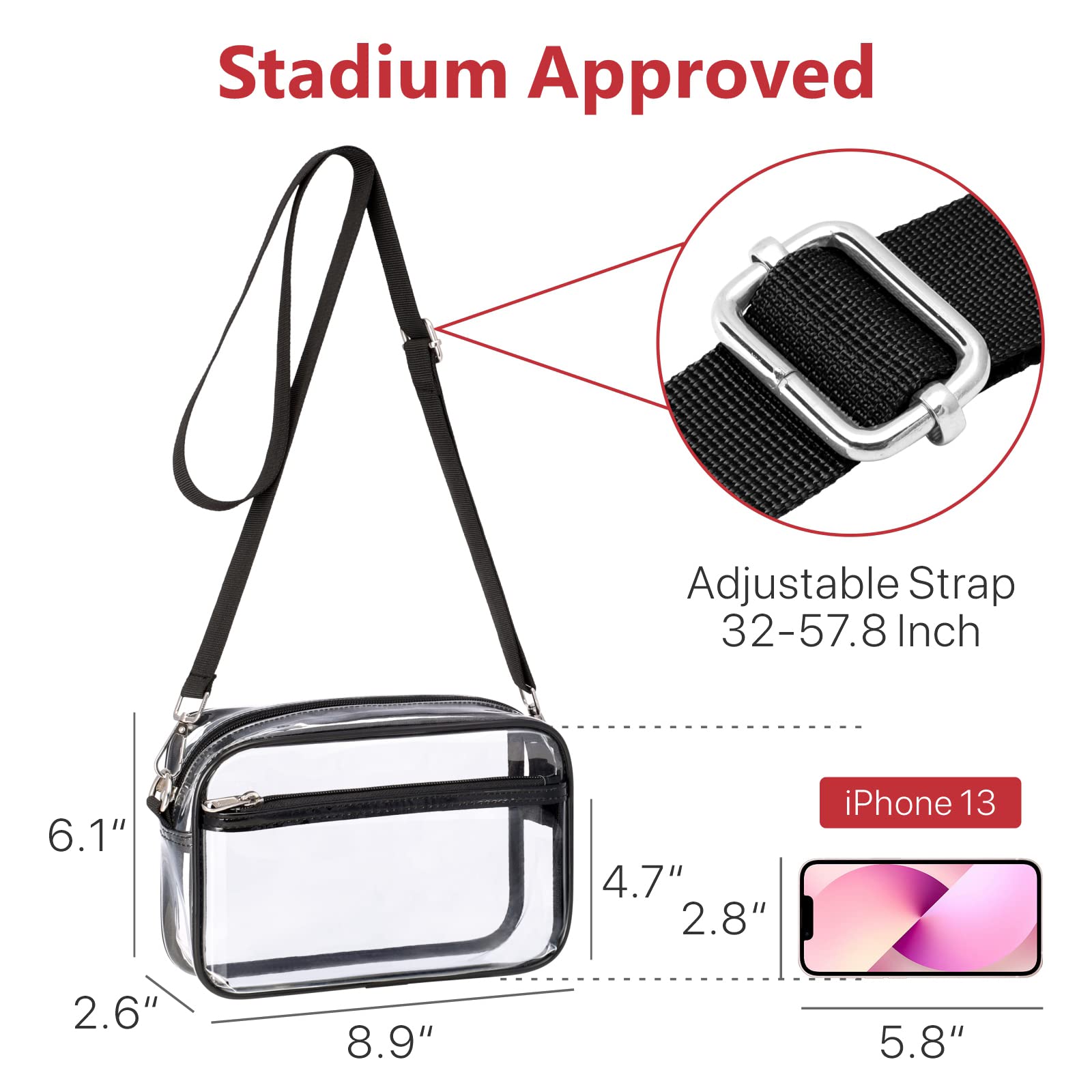 PACKISM Clear Purses for Women Stadium Clear Bag Stadium Approved with Adjustable Strap Transparent Crossbody Bag for Concerts Sporting Events, 2 Pack Black