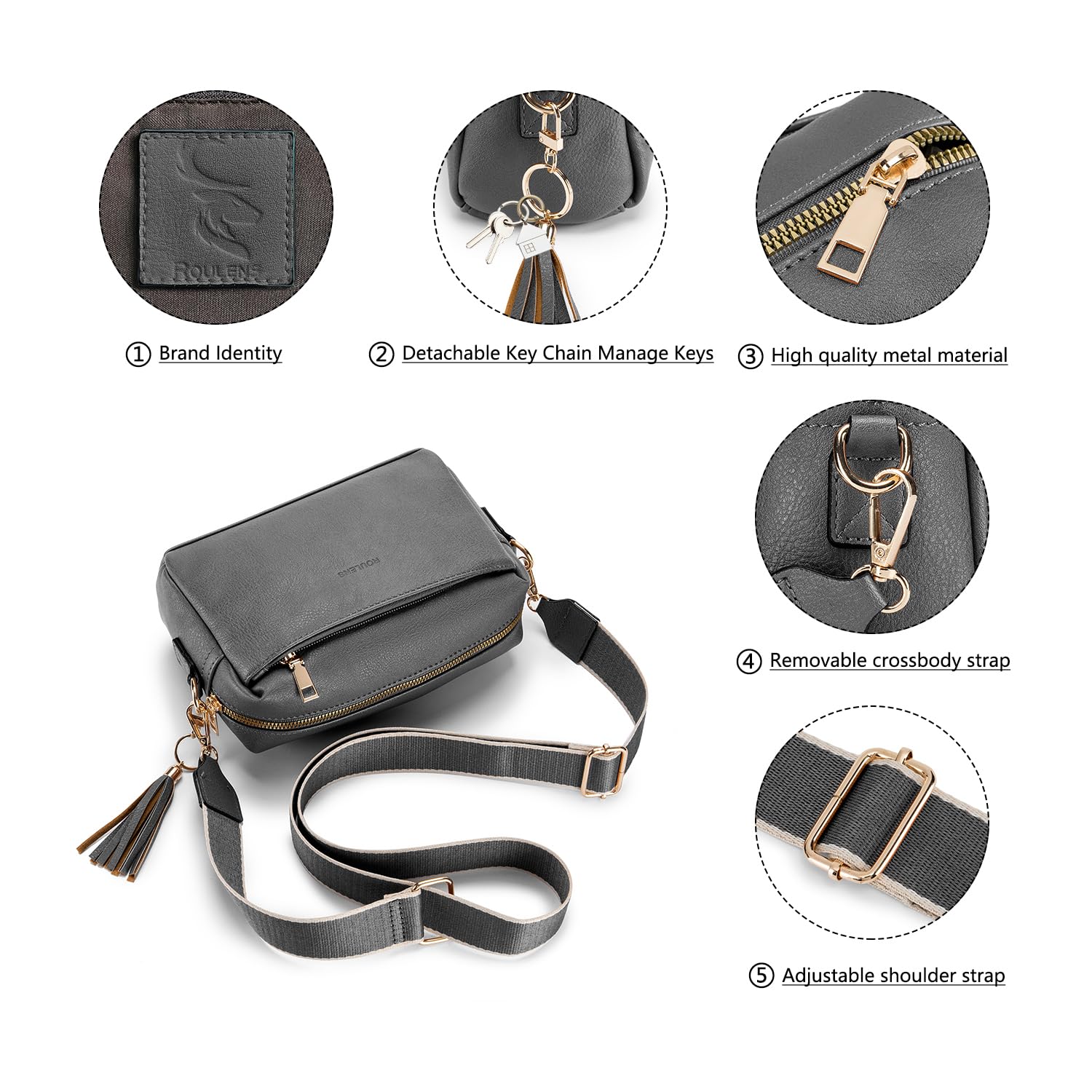 Roulens Triple Zip Small Crossbody Bag for women,Wide Strap Cell Phone Purse Shoulder Handbag Wallet with Credit Card Slots