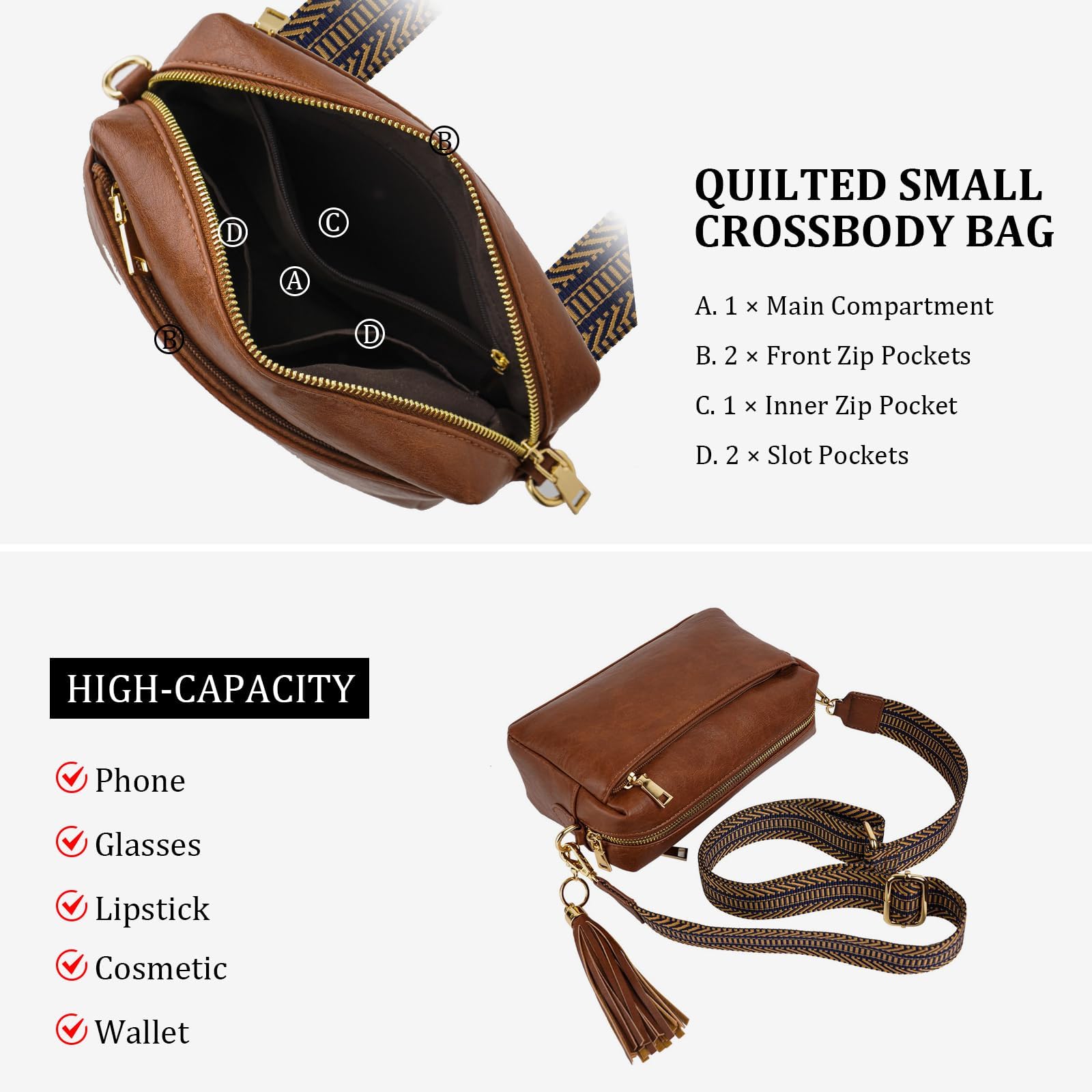 LUCKWE Crossbody Bags for Women,Small Vegan Leather Crossbody Purse,Women's Shoulder Handbags with 2 Wide Straps & Tassel Brown