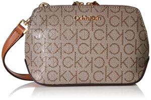 calvin klein lucy triple compartment crossbody, almond/taupe/caramel embossed