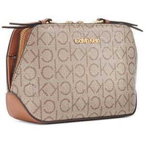 Calvin Klein Lucy Triple Compartment Crossbody, Almond/Taupe/Caramel Embossed