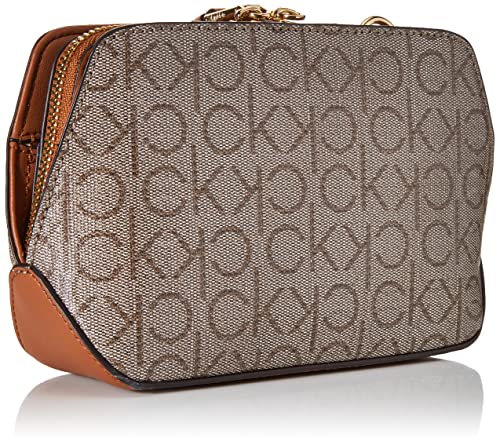 Calvin Klein Lucy Triple Compartment Crossbody, Almond/Taupe/Caramel Embossed