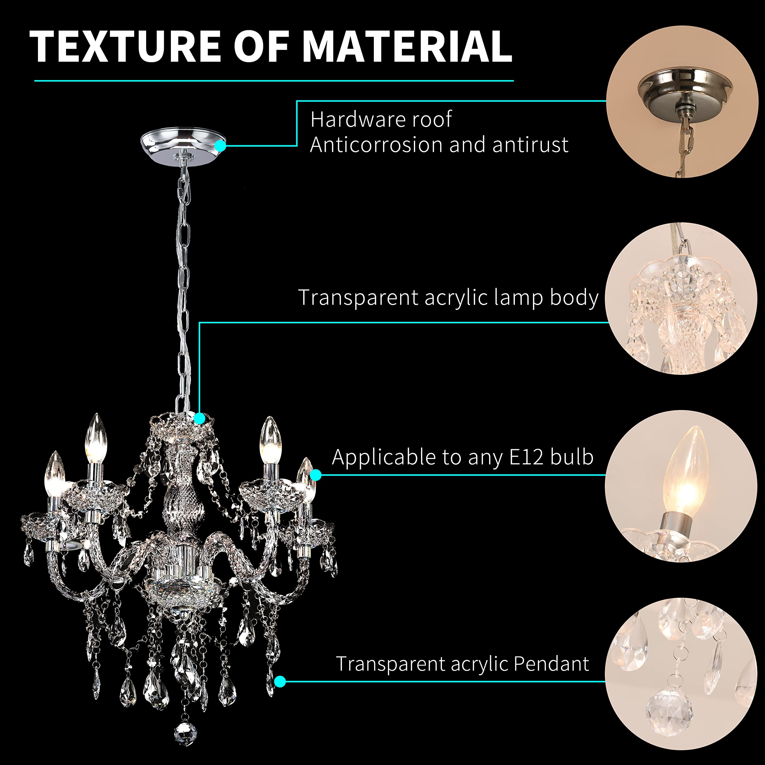 PAPAYA Crystal Chandeliers Clear Chandelier 5-Light Modern Pendant Ceiling Lighting Fixture with Acrylic Crystals & Beads for Girls Room,Living Room,Kitchen Island,Entryway