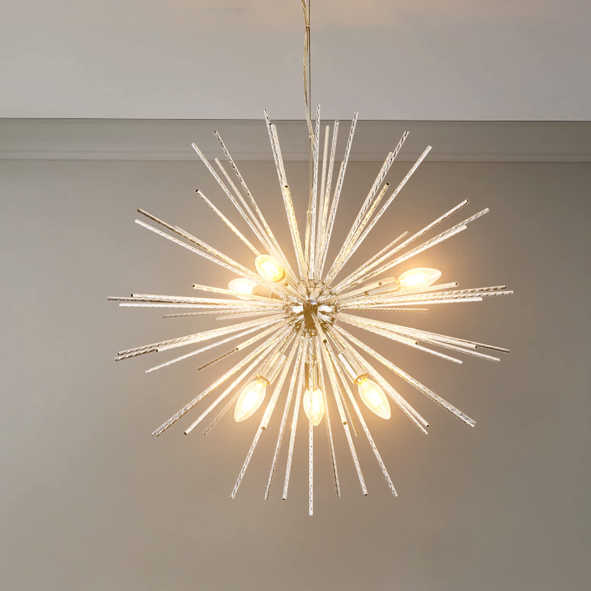 Modern Chrome Sputnik Chandeliers,6-Light Starburst Firework Ceiling Lights Dining Room Chandelier Light Fixture for Living Room, Bedroom, Kitchen, Entryway, Foyer,Dia 25",E12 Sockets