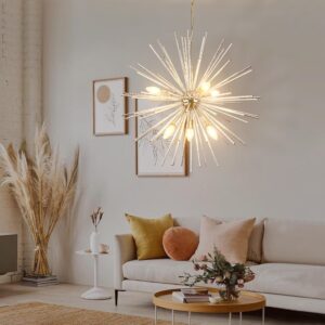 Modern Chrome Sputnik Chandeliers,6-Light Starburst Firework Ceiling Lights Dining Room Chandelier Light Fixture for Living Room, Bedroom, Kitchen, Entryway, Foyer,Dia 25",E12 Sockets