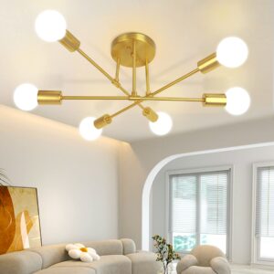 canmeijia modern sputnik chandelier, ceiling light fixture flush mount 6-lights gold chandeliers for living room bedroom dining room kitchen, mid century chandeliers, e26 base, bulbs not included