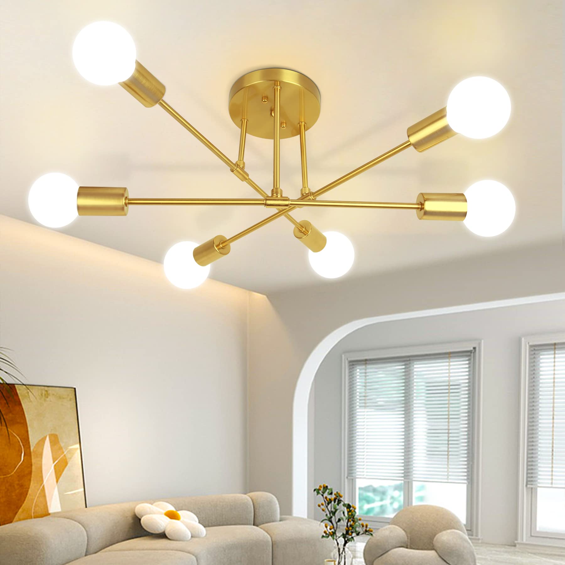 CANMEIJIA Modern Sputnik Chandelier, Ceiling Light Fixture Flush Mount 6-Lights Gold Chandeliers for Living Room Bedroom Dining Room Kitchen, Mid Century Chandeliers, E26 Base, Bulbs Not Included