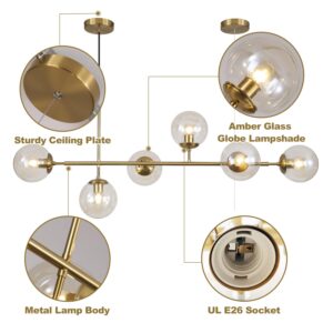 KCO Lighting Globe Linear Chandelier 6 Light Amber Glass Pendant Light Fixture Gold Kitchen Island Chandelier Lighting Long Brass Sputnik Chandelier Dining Room Ceiling Lights