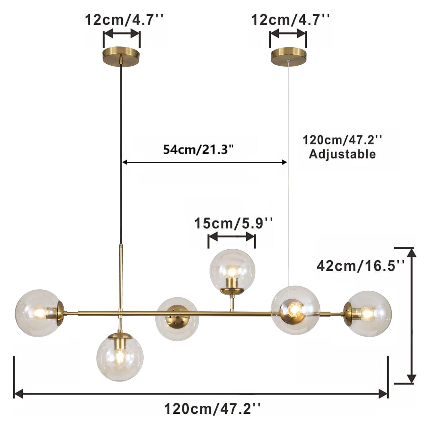 KCO Lighting Globe Linear Chandelier 6 Light Amber Glass Pendant Light Fixture Gold Kitchen Island Chandelier Lighting Long Brass Sputnik Chandelier Dining Room Ceiling Lights