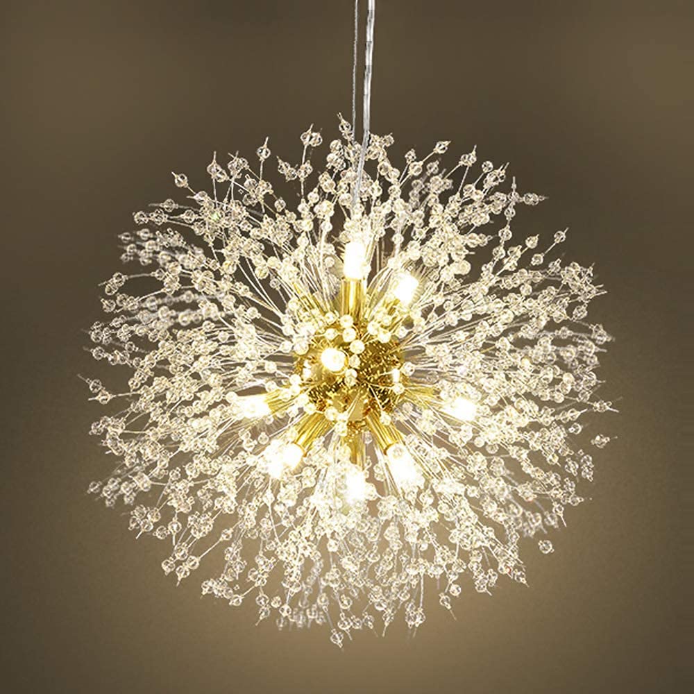 Qamra Modern Crystal Gold Chandeliers, Firework Dandelion Sputnik Chandelier Light Fixture Pendant Lighting for Dining Room, Bedroom, Kitchen, Living Room(12-Light, Gold)