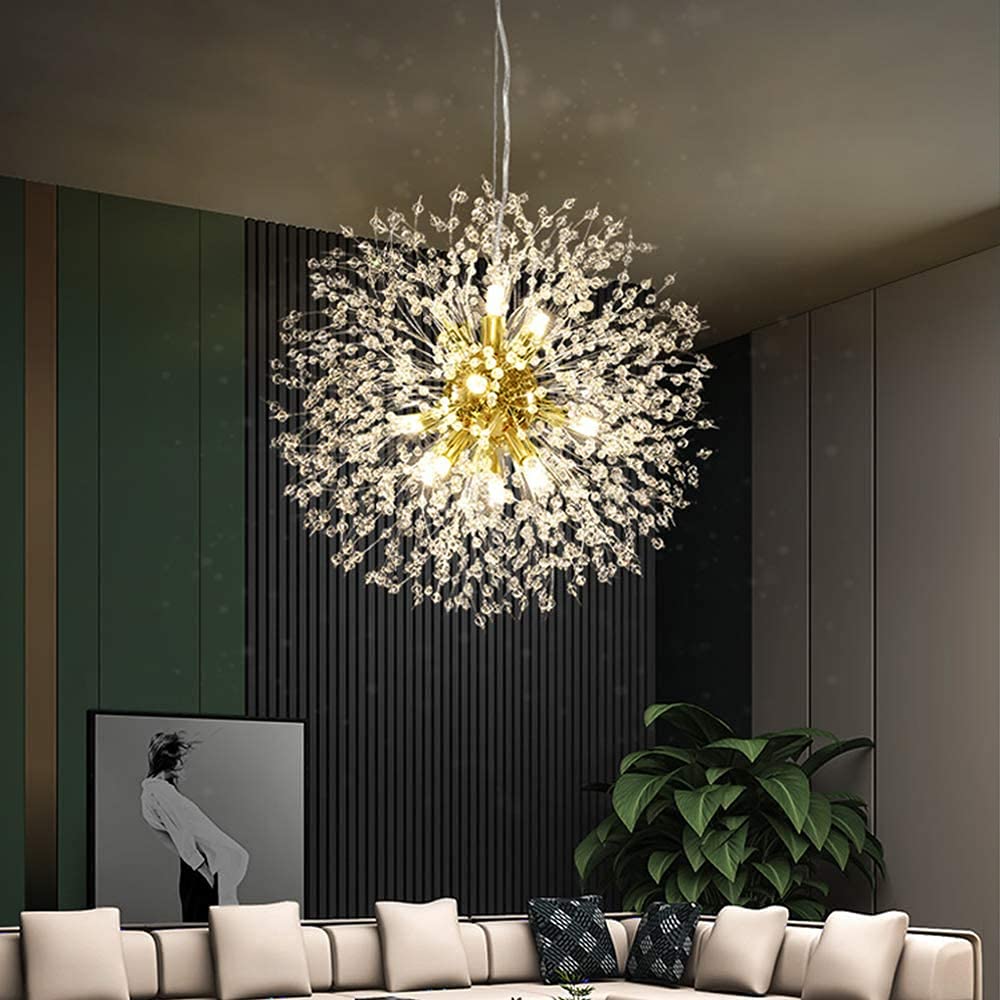 Qamra Modern Crystal Gold Chandeliers, Firework Dandelion Sputnik Chandelier Light Fixture Pendant Lighting for Dining Room, Bedroom, Kitchen, Living Room(12-Light, Gold)