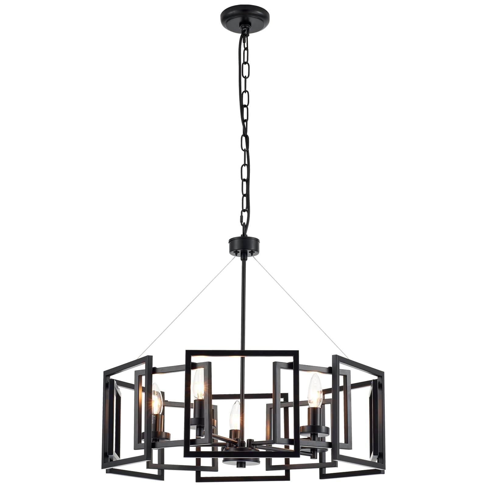 MhyTogn Industrial style Chandelier, with Matt Black Finish Geometric Shade Pendant Lighting Fixture for Dining Room Living Room Kitchen Island Bedroom 5-light