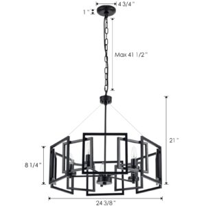 MhyTogn Industrial style Chandelier, with Matt Black Finish Geometric Shade Pendant Lighting Fixture for Dining Room Living Room Kitchen Island Bedroom 5-light