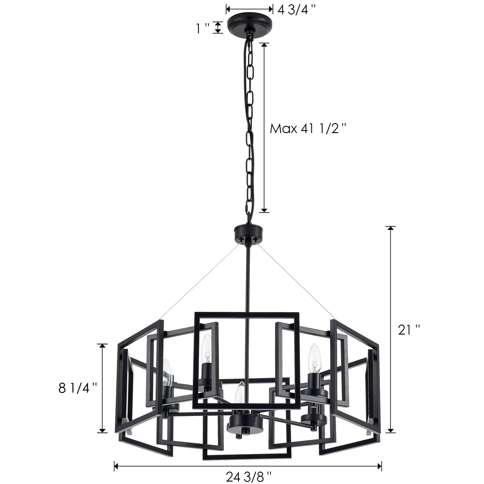 MhyTogn Industrial style Chandelier, with Matt Black Finish Geometric Shade Pendant Lighting Fixture for Dining Room Living Room Kitchen Island Bedroom 5-light