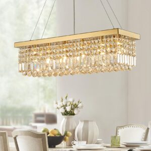 Siljoy 6-Light Modern Crystal Chandelier Rectangular Gold K9 Crystal Raindrop Chandelier for Dining Room, Luxury Adjustable Ceiling Pendant Light for Living Room Kitchen Island L31.5'' x W10'' x H10''