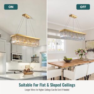 Siljoy 6-Light Modern Crystal Chandelier Rectangular Gold K9 Crystal Raindrop Chandelier for Dining Room, Luxury Adjustable Ceiling Pendant Light for Living Room Kitchen Island L31.5'' x W10'' x H10''