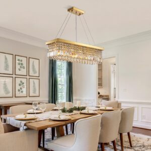 Siljoy 6-Light Modern Crystal Chandelier Rectangular Gold K9 Crystal Raindrop Chandelier for Dining Room, Luxury Adjustable Ceiling Pendant Light for Living Room Kitchen Island L31.5'' x W10'' x H10''