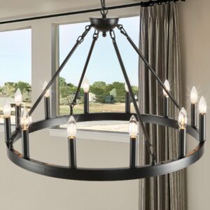 zbmyrbzj black wagon wheel chandelier 32 inch,12-light farmhouse wagon wheel chandeliers round industrial ceiling light fixtures for outdoor porch high ceilings living dining room foyer entryway