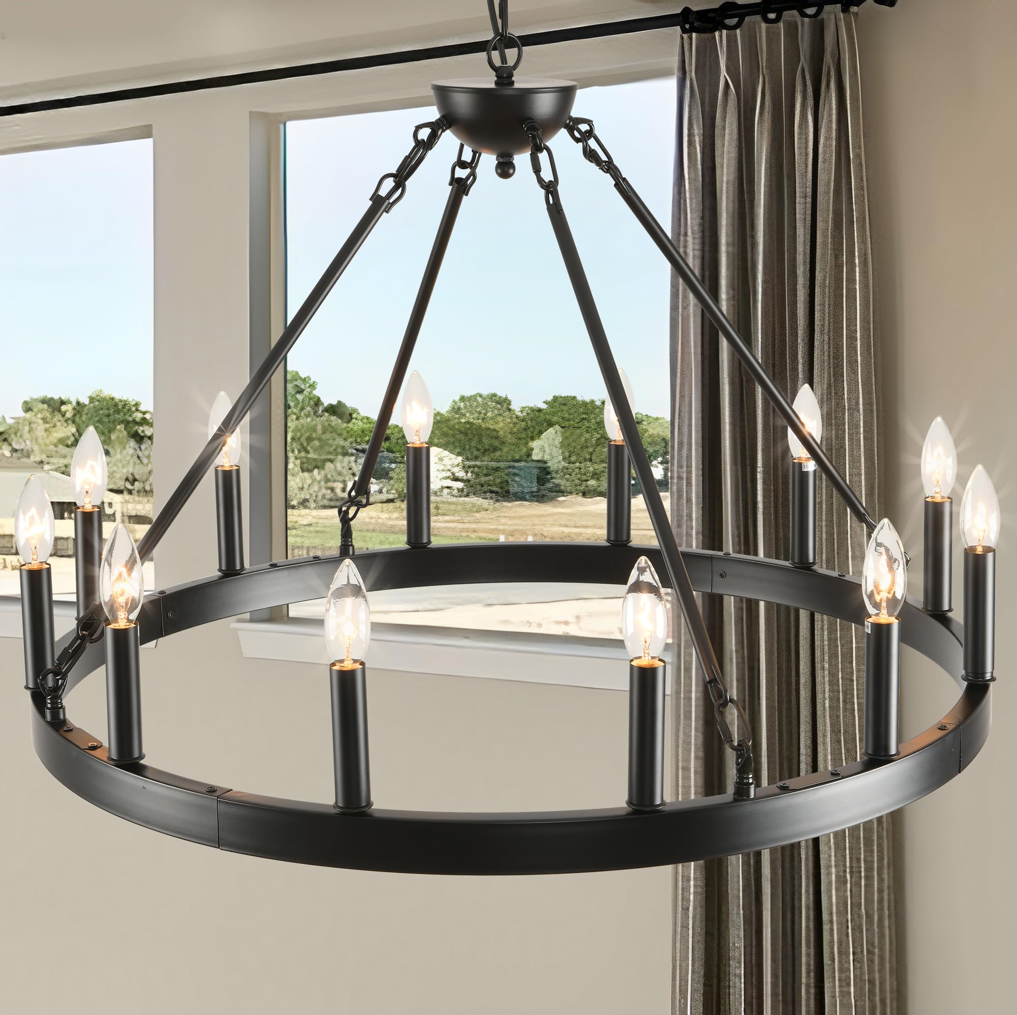 ZBMYRBZJ Black Wagon Wheel Chandelier 32 inch,12-Light Farmhouse Wagon Wheel Chandeliers Round Industrial Ceiling Light fixtures for Outdoor Porch high Ceilings Living Dining Room Foyer Entryway