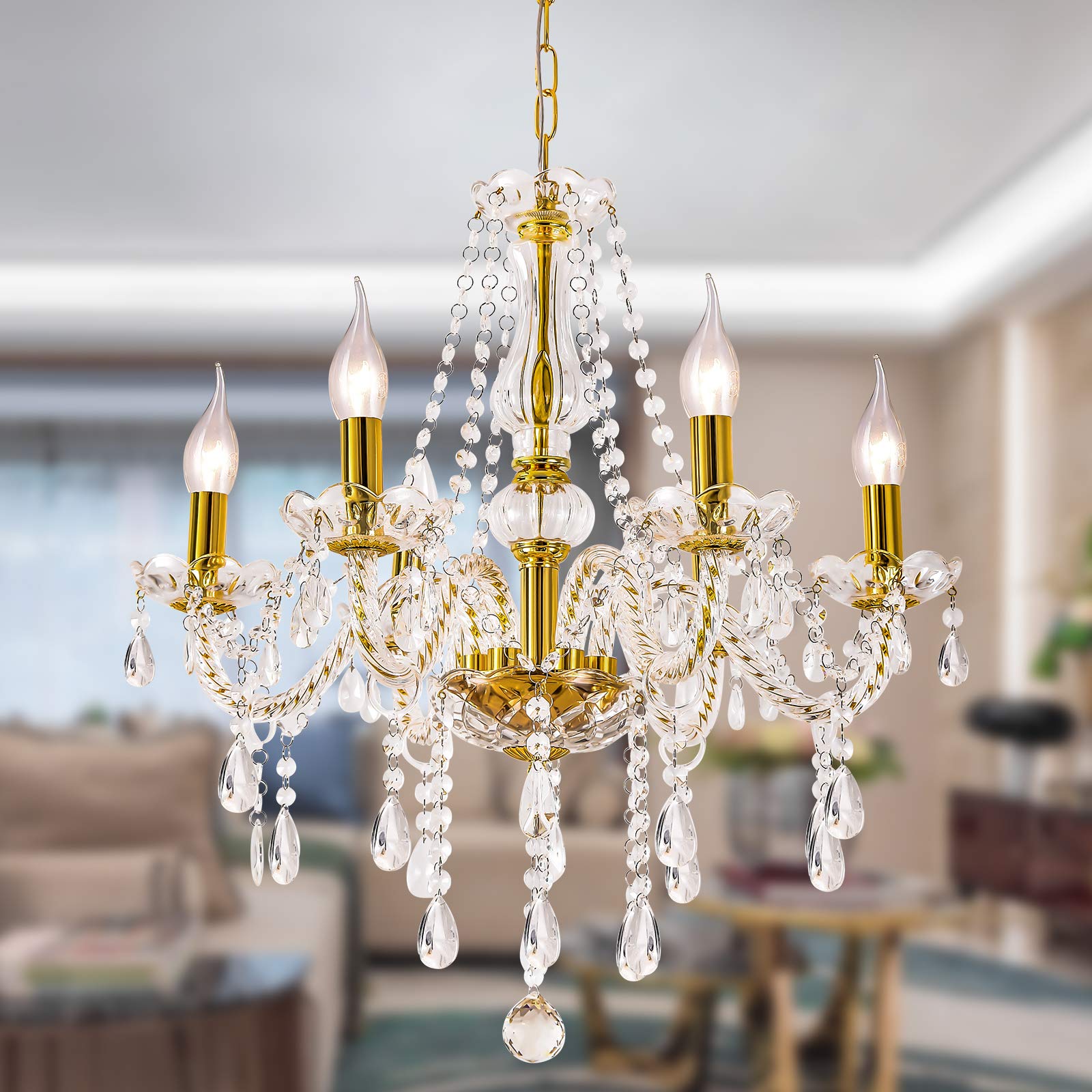 Gold Color Luxurious Candle Crystal Chandelier, 6 Lights K9 Modern Crystal Chandelier for Dining Room, Glass Ceiling Pendant Lamp for Living Bedroom Lighting Hall Balcony (6 Lights, Gold)