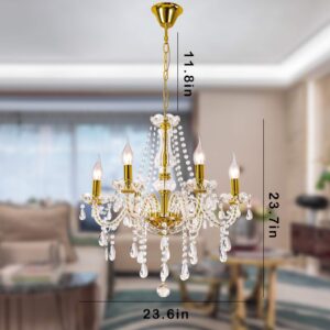 Gold Color Luxurious Candle Crystal Chandelier, 6 Lights K9 Modern Crystal Chandelier for Dining Room, Glass Ceiling Pendant Lamp for Living Bedroom Lighting Hall Balcony (6 Lights, Gold)