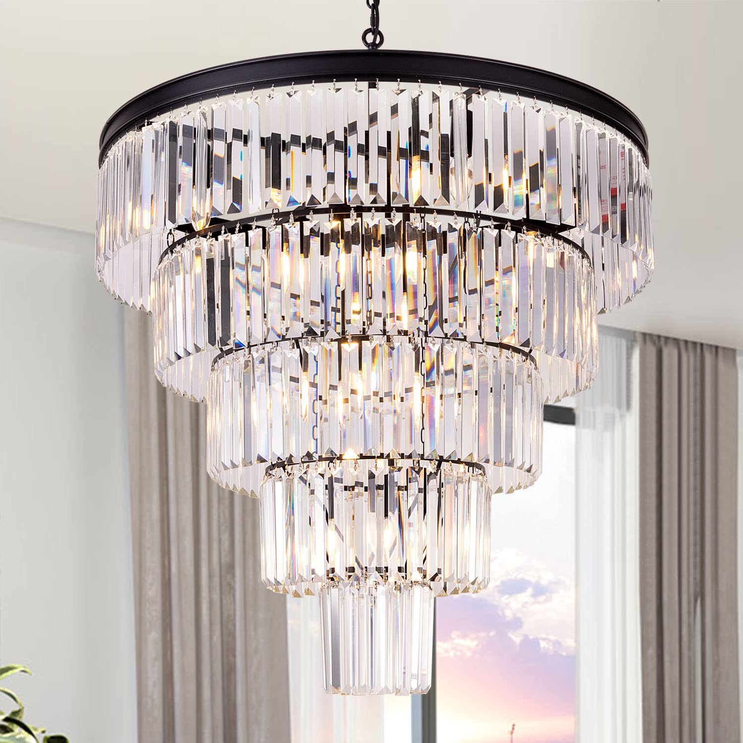 TOCHIC 10 Light Large Crystal Chandelier 31.5 inch, 5-Tier Contemporary Modern Black Crystal Chandeliers, Raindrop K9 Round Ceiling Light for Bathroom,Staircase, Entryway, Dining Room, Foyer, Kitchen