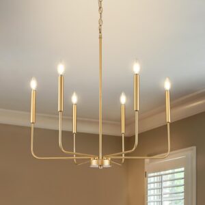 onesming modern gold chandelier for dining room,metal 6-light kitchen light fixtures,farmhouse candle hanging pendant light for living room entryway foyer bedroom (bulb not included)