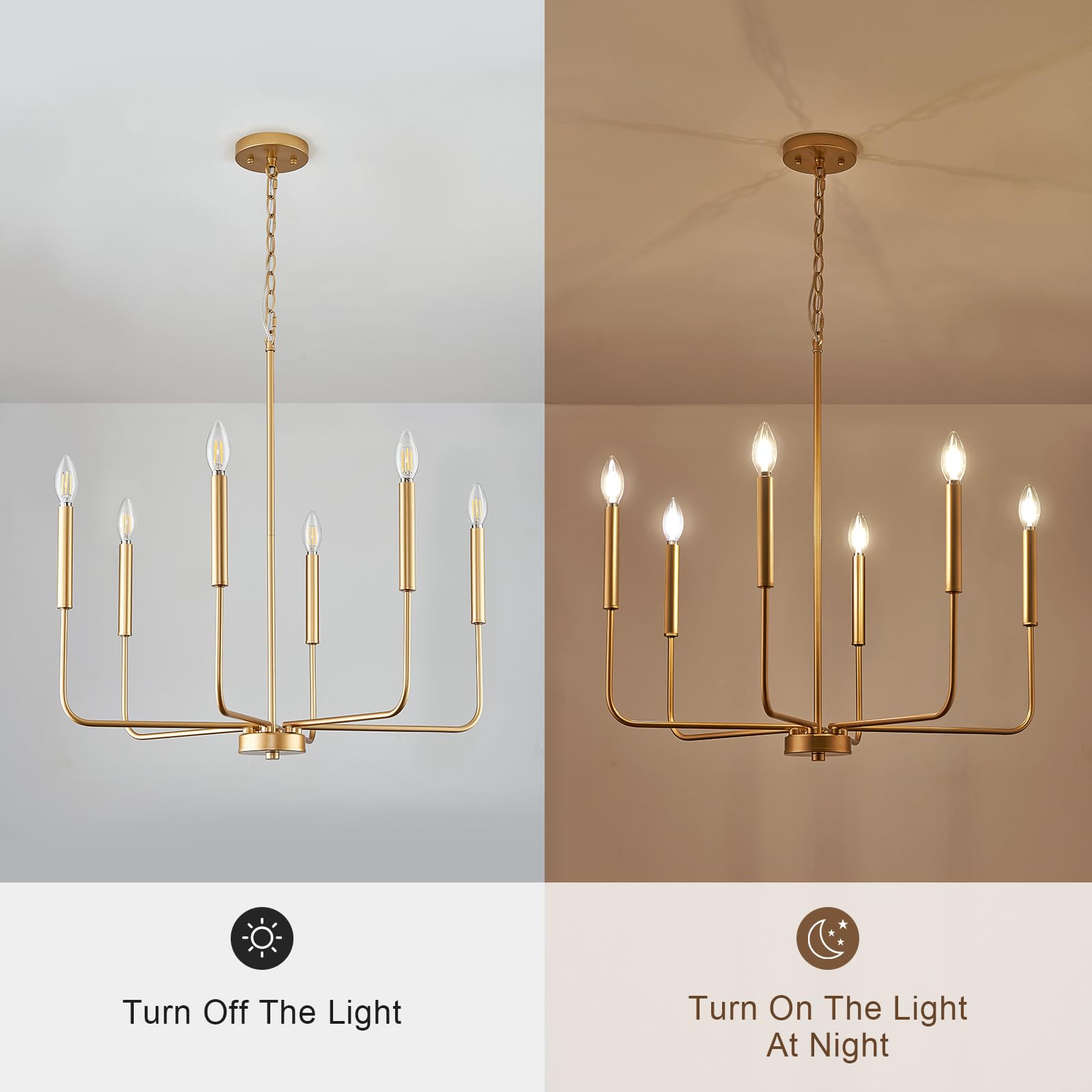 ONESMING Modern Gold Chandelier for Dining Room,Metal 6-Light Kitchen Light Fixtures,Farmhouse Candle Hanging Pendant Light for Living Room Entryway Foyer Bedroom (Bulb Not Included)