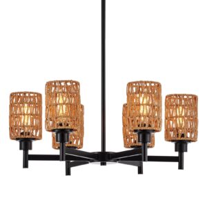 Widluth Black Chandelier Light Fixture Vintage 6-Lights Black Chandelier with Rattan Shade Industrial Boho 24.8" Hand Woven Bamboo Chandelier for Dining Room, Kitchen Island, Bedroom