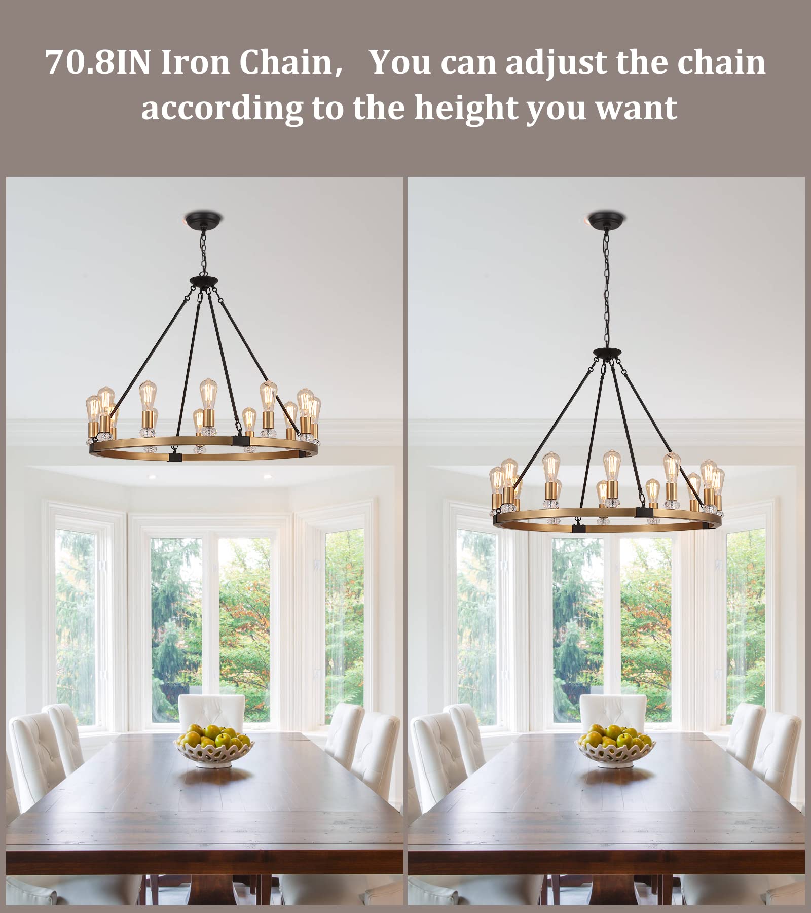 MEIXISUE Modern Farmhouse Wagon Wheel Chandeliers for Dining Room,Aged Brass Luxury Large High Ceiling Chandelier for Living room Kitchen Entryway Restaurant Office,W35.4 UL Listed