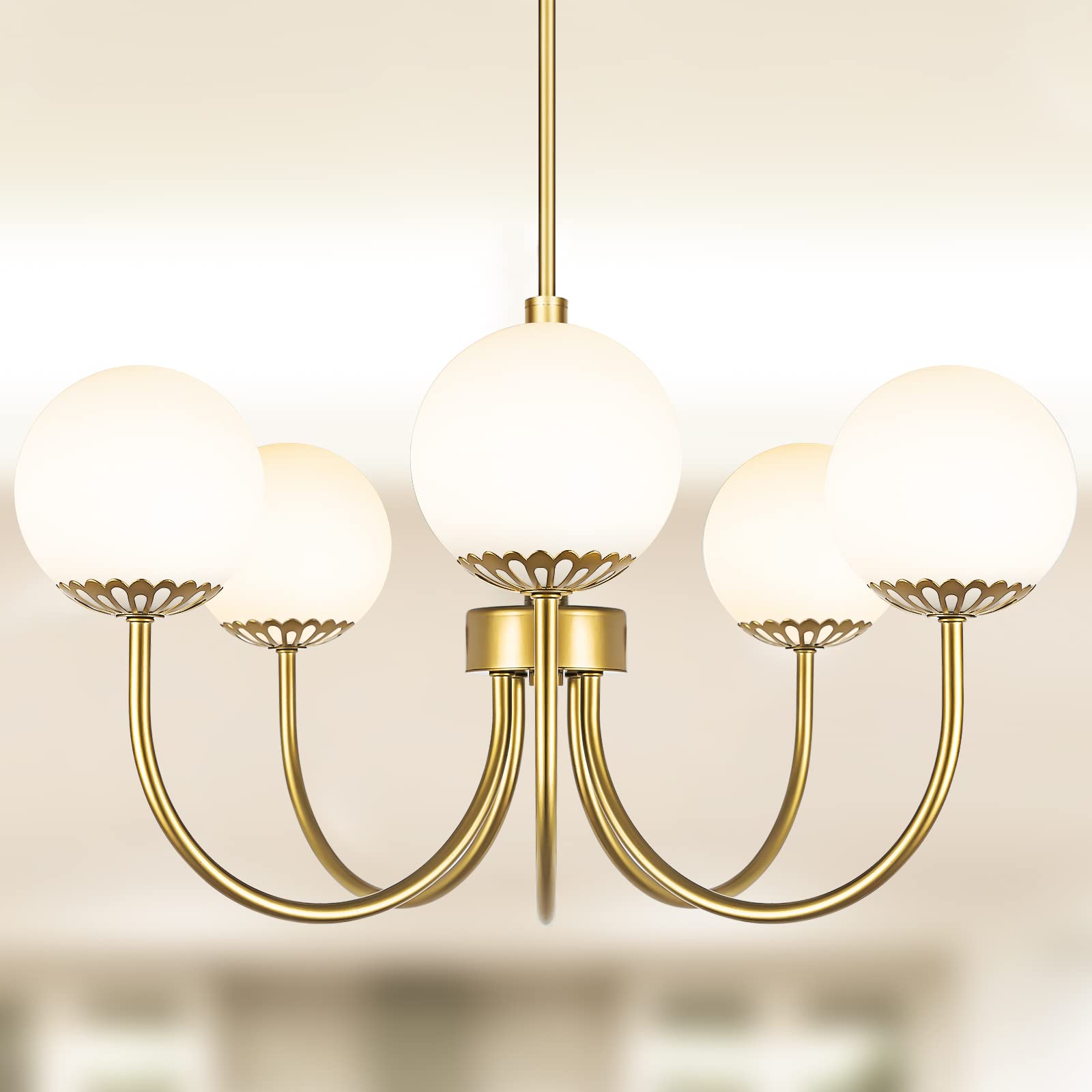 Yolsunes 5-Light Gold Chandelier, Globe Modern Sputnik Light Fixture with Frosted Glass, Vintage Semi-Flush Mount Ceiling Light for Dining Room, Large Pendant Lighting for Kitchen Living Room Bedroom