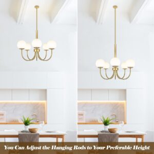 Yolsunes 5-Light Gold Chandelier, Globe Modern Sputnik Light Fixture with Frosted Glass, Vintage Semi-Flush Mount Ceiling Light for Dining Room, Large Pendant Lighting for Kitchen Living Room Bedroom