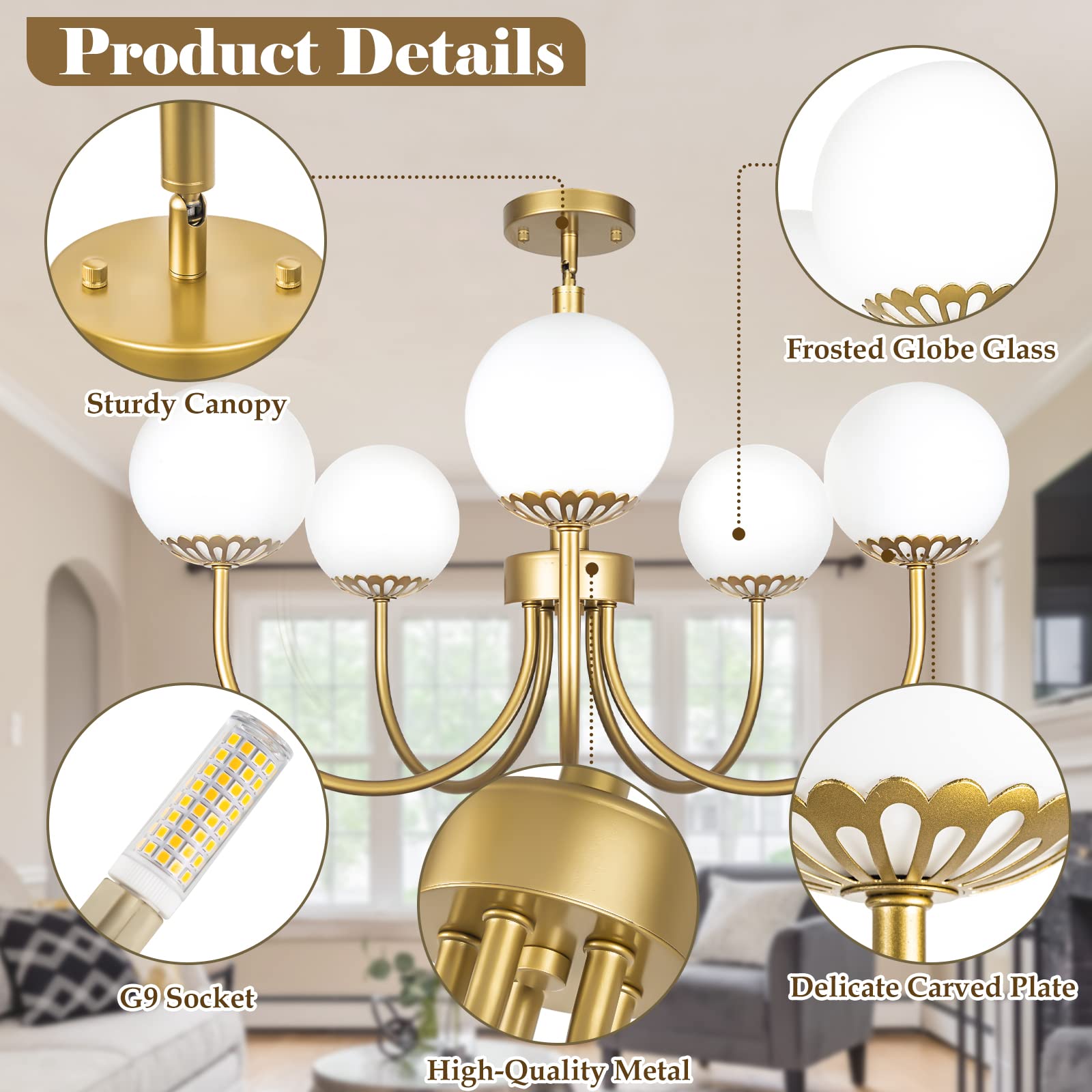 Yolsunes 5-Light Gold Chandelier, Globe Modern Sputnik Light Fixture with Frosted Glass, Vintage Semi-Flush Mount Ceiling Light for Dining Room, Large Pendant Lighting for Kitchen Living Room Bedroom