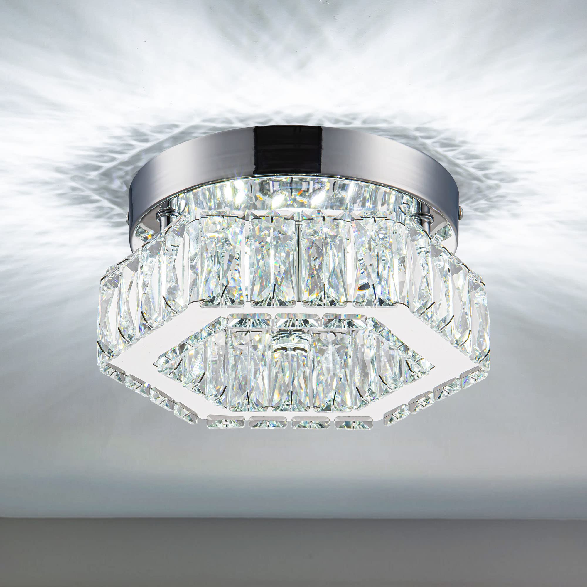 HomLaiting Mini Crystal Chandelier LED Flush Mount Ceiling Light Fixture, 7.8' x 3.94', Cool White for Bedroom, Hallway, Bathroom, Kitchen, Office