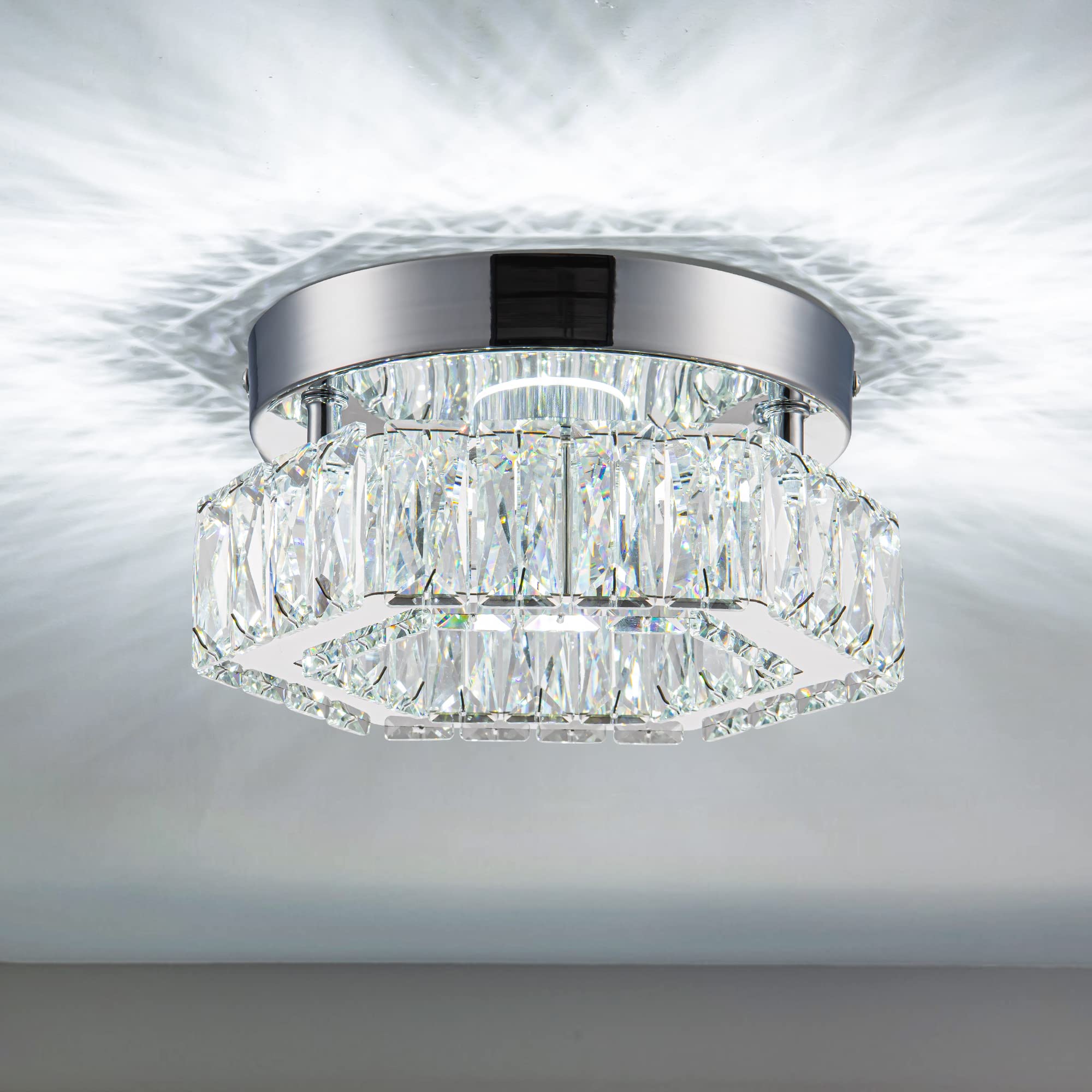 HomLaiting Mini Crystal Chandelier LED Flush Mount Ceiling Light Fixture, 7.8' x 3.94', Cool White for Bedroom, Hallway, Bathroom, Kitchen, Office