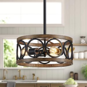 xingqi black ceiling light adjustable height chandelier modern farmhouse pendant lighting fixture wood grain metal 13" rustic round lights for dining room kitchen bedroom entryway