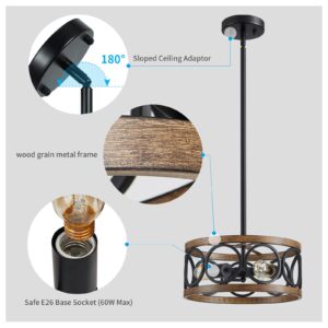 XINGQI Black Ceiling Light Adjustable Height Chandelier Modern Farmhouse Pendant Lighting Fixture Wood Grain Metal 13" Rustic Round Lights for Dining Room Kitchen Bedroom Entryway