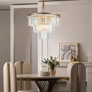 brfaixla 12 Lights Gold Modern Crystal Chandelier 23.64" Crystal Pendant Chandeliers Light Fixture 3-Tier Crystal Hanging Lighting for Living Dinning Room Bedroom Foyer