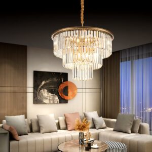 brfaixla 12 Lights Gold Modern Crystal Chandelier 23.64" Crystal Pendant Chandeliers Light Fixture 3-Tier Crystal Hanging Lighting for Living Dinning Room Bedroom Foyer