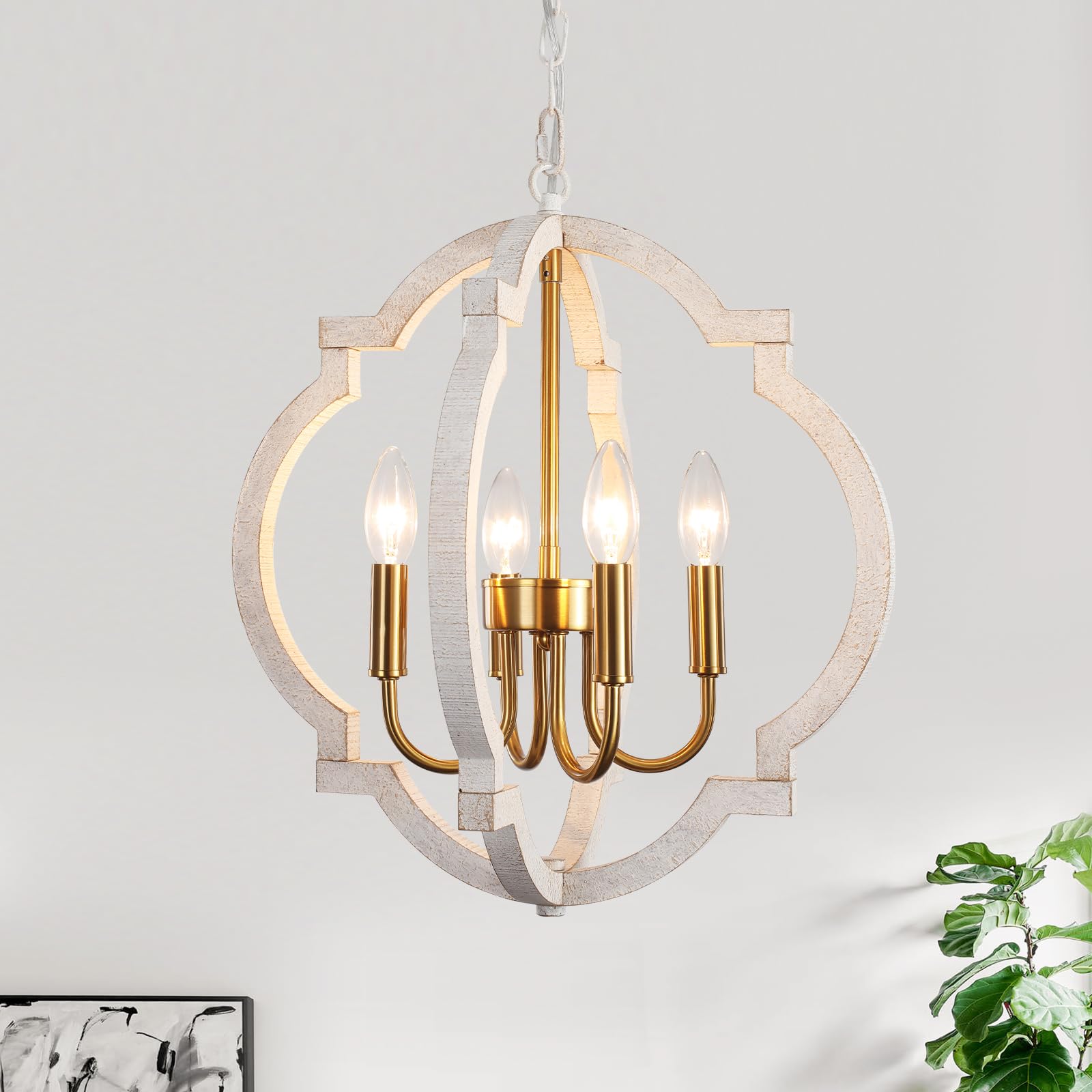 QAREHL Rustic Farmhouse Chandelier 4 Light Vintage Orb Light Fixture Dining Room Candlestick Chandeliers Wood Pendant Lighting for Living Room Kitchen Bedroom Entrance Foyer Hallway