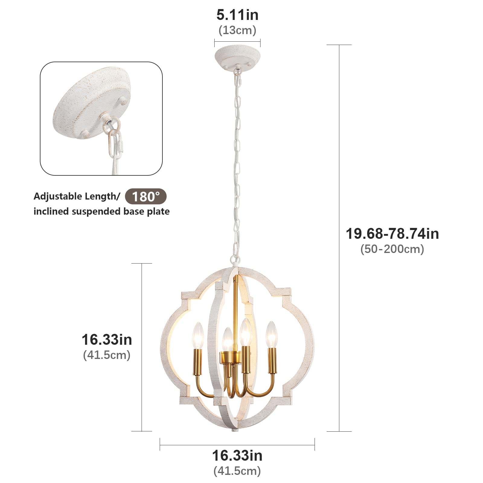 QAREHL Rustic Farmhouse Chandelier 4 Light Vintage Orb Light Fixture Dining Room Candlestick Chandeliers Wood Pendant Lighting for Living Room Kitchen Bedroom Entrance Foyer Hallway