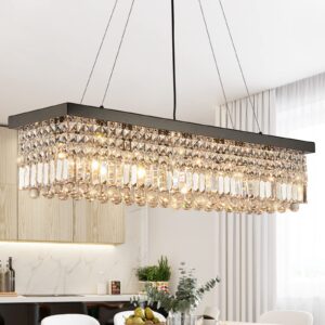 7PM Rectangle K9 Crystal Chandelier Modern Rectangular Pendant Lighting Fixture for Dining Room Kitchen Island Bedroom Black L40 x W10 x H10